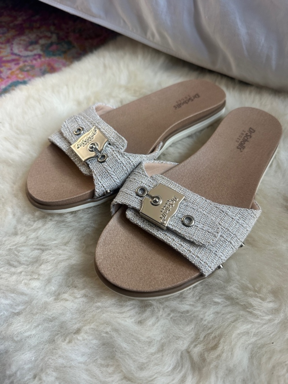 Dr. Scholl’s Nice Iconic Slide Sandals Cream Woven Strap Buckle Comfort Mule - Picture 3 of 11